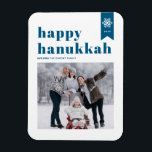 Blue Typography Snowflakes Photo Happy Hanukkah Magnet<br><div class="desc">Happy Hanukkah! | Send your holiday wishes with this customizable Hanukkah photo magnet. It features blue retro bold typography and snowflake accents. Personalize by adding names,  year and photo. This festive photo Happy Hanukkah magnet is available in various colours and cardstock.</div>