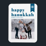 Blue Typography Snowflakes Photo Happy Hanukkah Magnet<br><div class="desc">Happy Hanukkah! | Send your holiday wishes with this customizable Hanukkah photo magnet. It features blue retro bold typography and snowflake accents. Personalize by adding names,  year and photo. This festive photo Happy Hanukkah magnet is available in various colours and cardstock.</div>