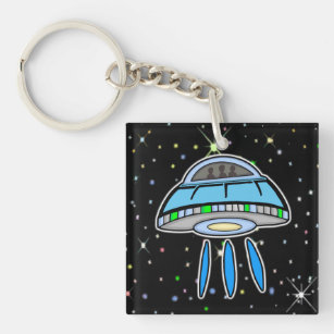 Blue UFO with Starry night Outer Space   Keychain