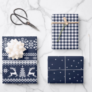 Blue ugly Christmas sweater buffalo plaid & stars Wrapping Paper Sheet