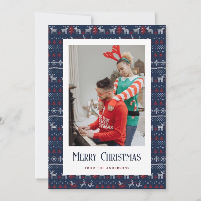 Blue Ugly Christmas Sweater Photo Christmas Cards (Front)