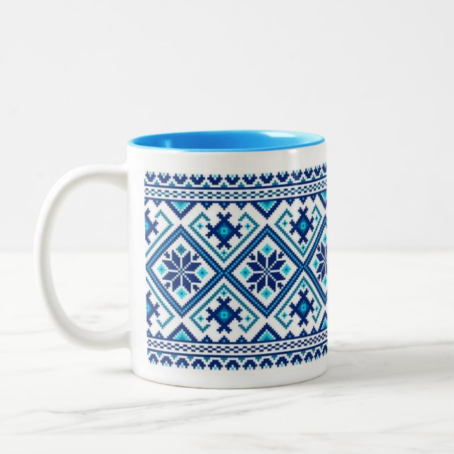 Blue Ukrainian embroidery (vyshyvanka) mug (Left)