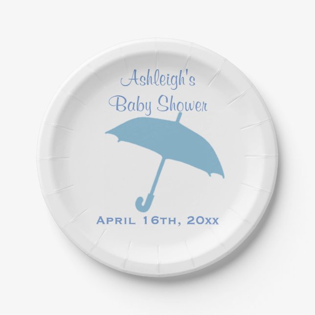 Blue Umbrella Baby Shower Paper Plate (Front)