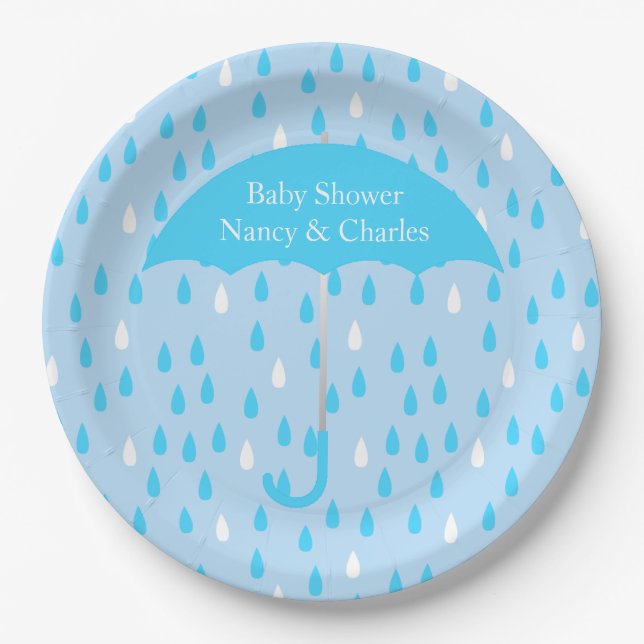 Blue Umbrella Baby Shower Plate (Front)