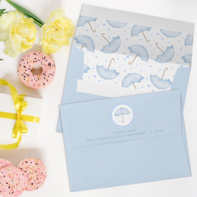 Blue Umbrella Sprinkle Baby Shower Envelope (Blue Watercolor Baby Shower Envelope)