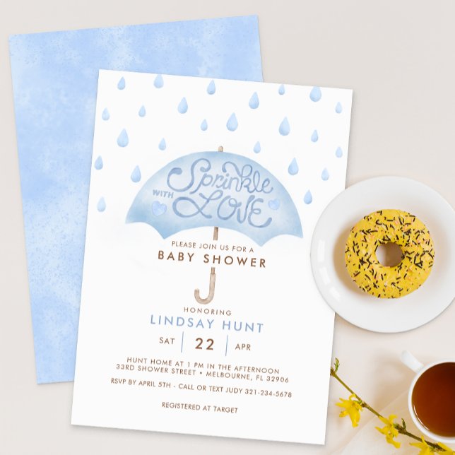 Blue Umbrella Sprinkle Baby Shower Invitation (Blue Umbrella Sprinkle with Love Baby Shower Invite)