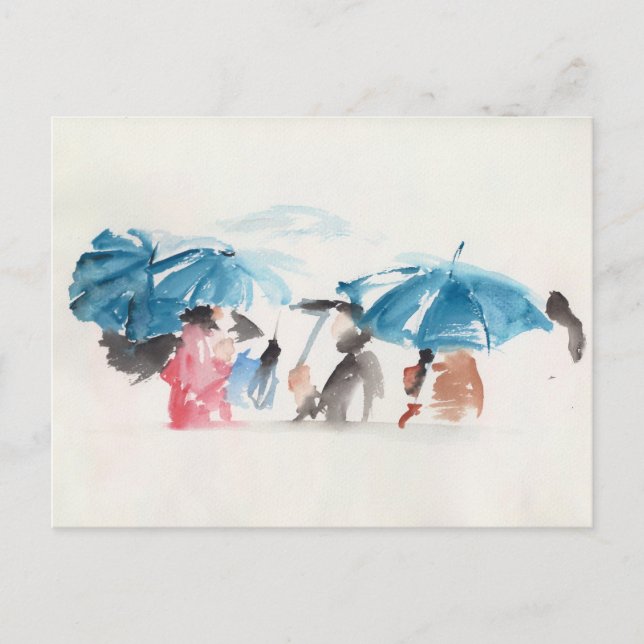 Blue Umbrellas Original Watercolors Postcard 1 (Front)