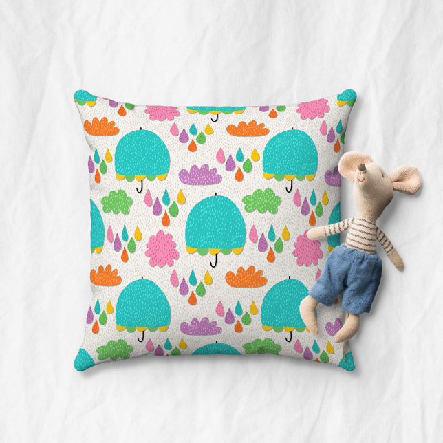 Blue Umbrellas with Clouds and Raindrops Throw Pillow (Creator Uploaded)