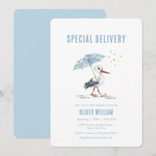 Blue Unbrella Raindrop Storybook Stork Baby Shower Invitation