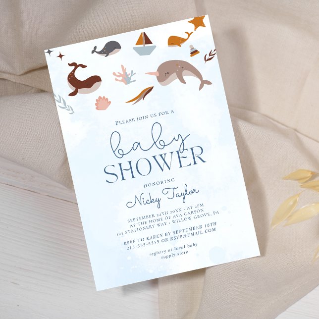 Blue Under Sea Boho Cute Whale Baby Shower  Invitation (Creator Uploaded)