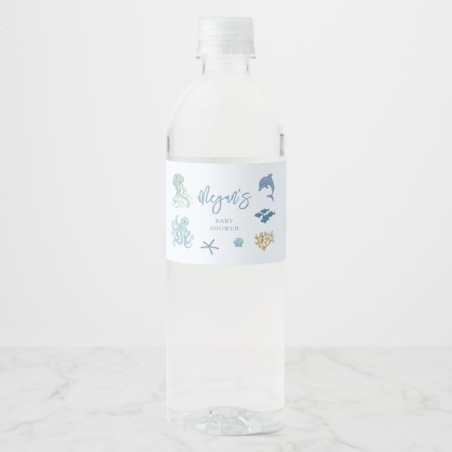 Blue Under The Sea Baby Shower Water Bottle Label (Front)