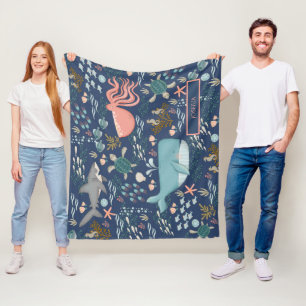 Blue Under the Sea Coral Octopus Whale Shark Name Fleece Blanket