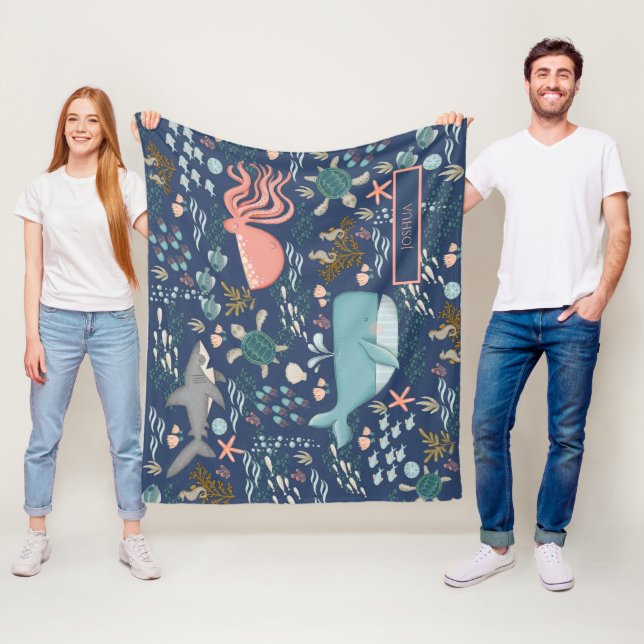 Blue Under the Sea Coral Octopus Whale Shark Name Fleece Blanket (In Situ)