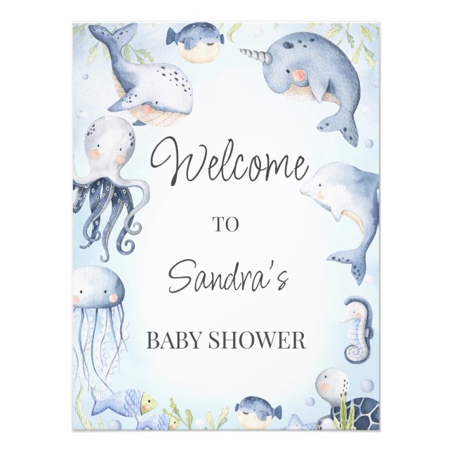 Blue Under the Sea Creatures Boys Baby Shower Sign (Front)