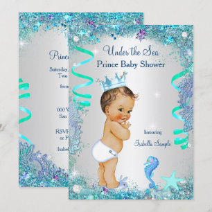 Blue Under The Sea Prince Baby Shower Brunette Boy Invitation