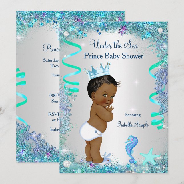 Blue Under The Sea Prince Baby Shower Ethnic Invitation (Front/Back)