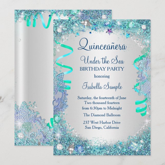 Blue Under The Sea Quinceanera 15th Birthday Party Invitation (Front/Back)