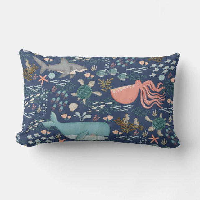 Blue Under the Sea Watercolor Ocean Animals Lumbar Pillow (Front)