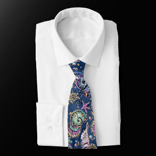 Blue Underwater Luxe Pastel Gold Seashells Neck Tie