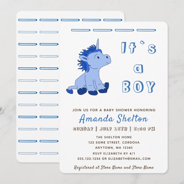 Blue Unicorn Baby Boy Shower Invitation Card (Devant / Derrière)