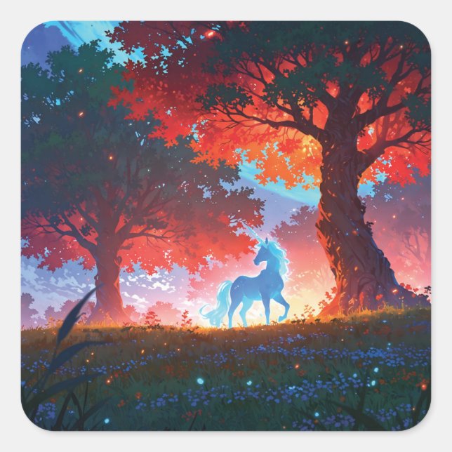 Blue unicorn in the forest square sticker (Front)
