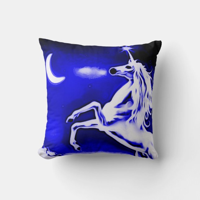 Blue Unicorn Night Airbrush Art Throw Pillow (Front)