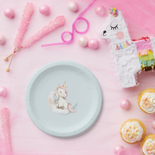 Blue Unicorn on Cloud Birthday Paper Plate