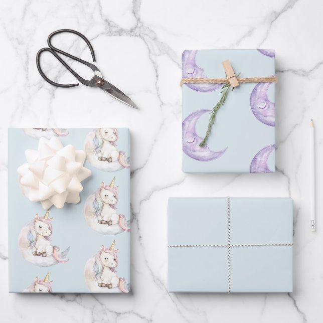 Blue Unicorn on Cloud Birthday Wrapping Paper Sheet (Front)
