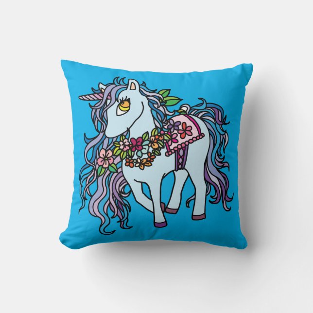 Blue Unicorn Throw Pillow (Front)