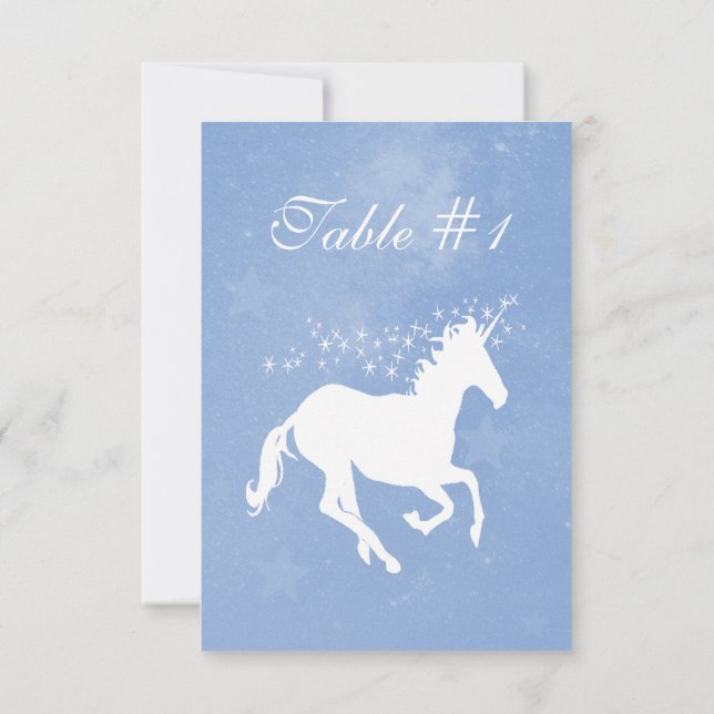 Blue Unicorn Wedding Reception Table Card (Back)