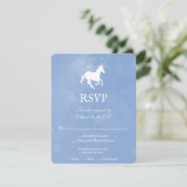 Blue Unicorn Wedding RSVP Card (Standing Front)