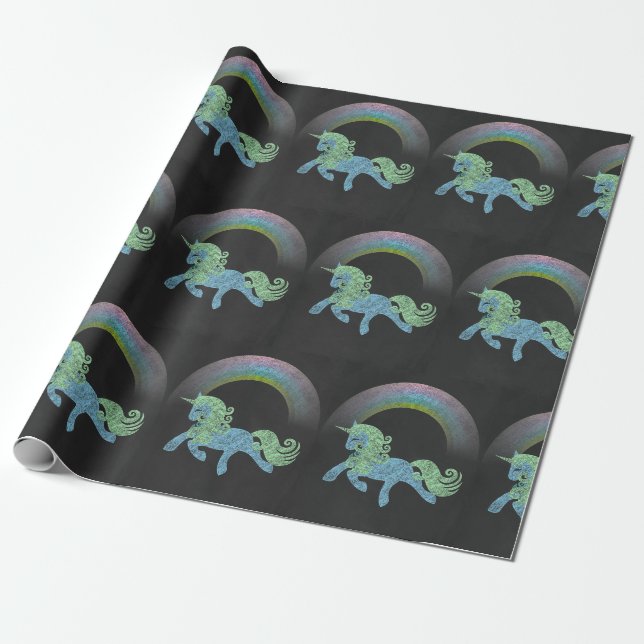 Blue Unicorn with Rainbow chalkboard black back Wrapping Paper (Unrolled)