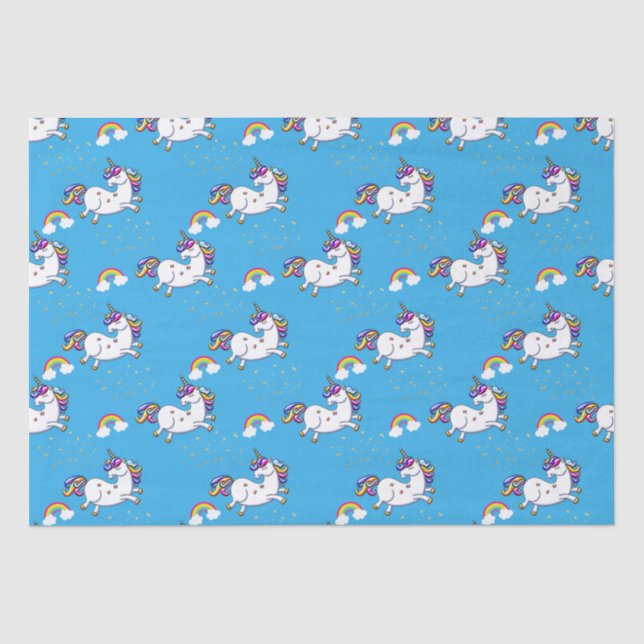 Blue Unicorns and Gold Stars Tissue Paper (Front)