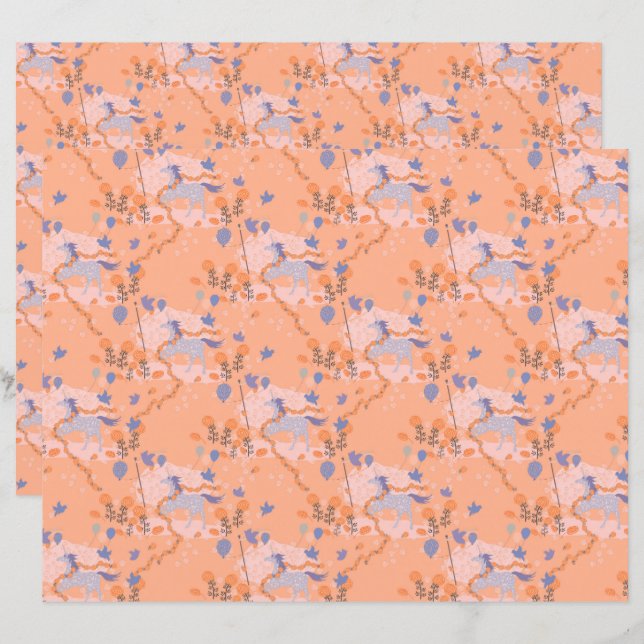 Blue unicorns on an orange background Paper Sheet (Front/Back)