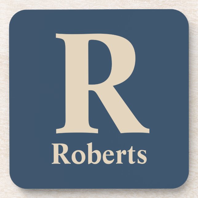 Blue/Vanilla Modern Minimal Monogram Coaster (Front)