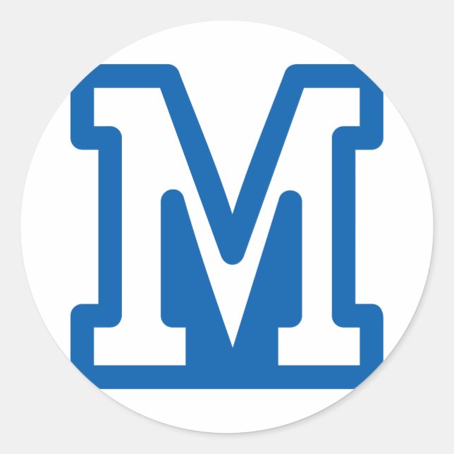Blue Varsity Letter M Monogram Classic Round Sticker (Front)