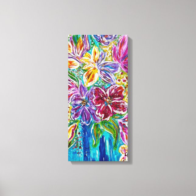 Blue Vase Floral Colourful Wrapped Canvas Print (Front)