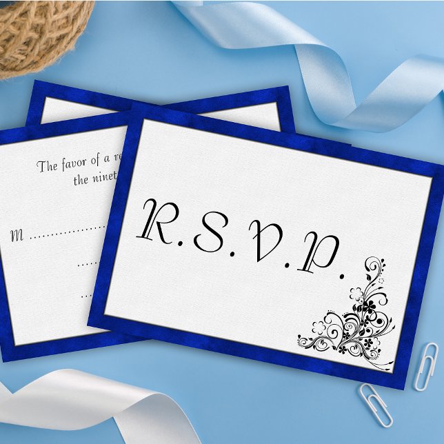 Blue Velvet, Black Flourish Wedding RSVP Card (Creator Uploaded)
