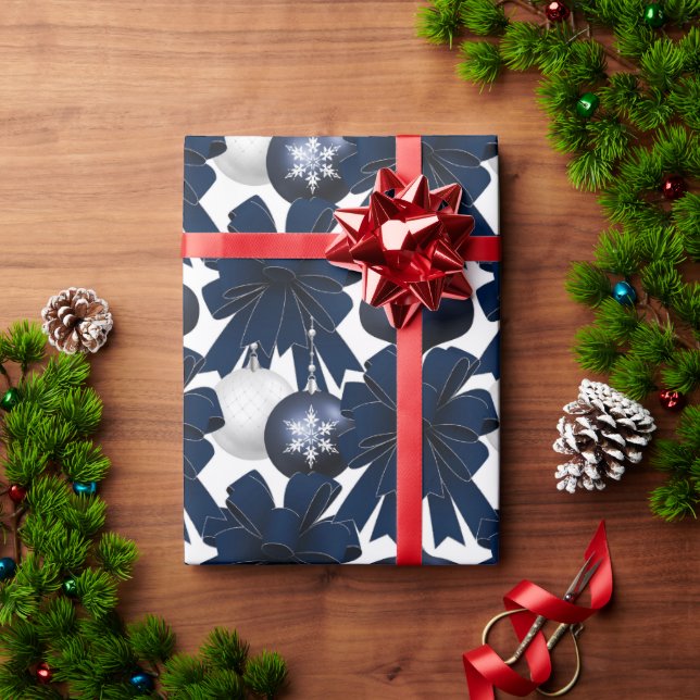 Blue Velvet Bows Ornaments Holiday Wrapping Paper (Holiday Gift)