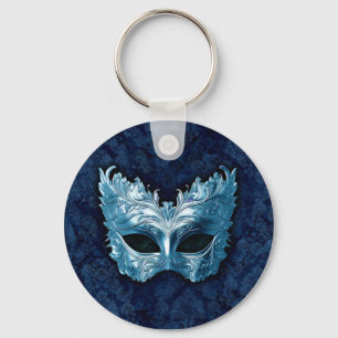 Blue Venetian Mask on Blue Damask Background Keychain