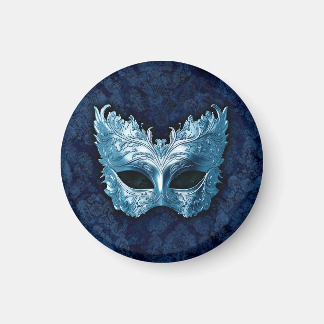Blue Venetian Mask on Blue Damask Background Magnet (Front)