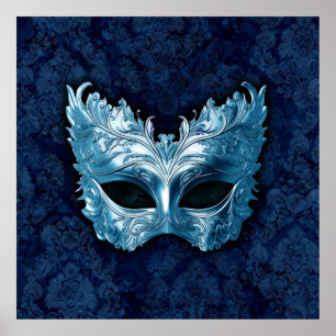 Blue Venetian Mask on Blue Damask Background Poster