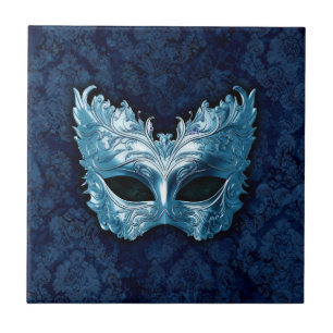 Blue Venetian Mask on Blue Damask Background Tile