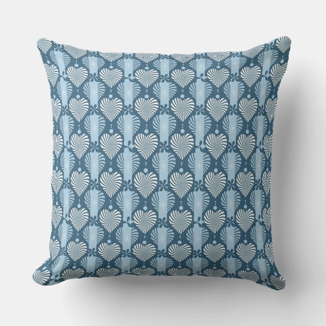 Blue vertical striped pattern with retro heart and throw pillow (Front)