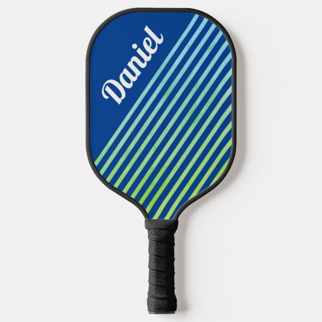 Blue Vertical Striped Personalized Modern Geo Pickleball Paddle (Front)