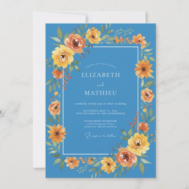 Blue Vibrant Floral Spring Wedding Invitation (Front)
