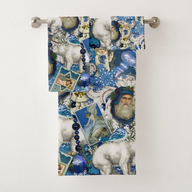 Blue Victorian Christmas Collage     Bath Towel Set (Insitu)