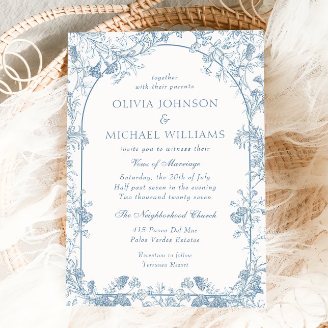 Blue Victorian Floral Chinoiserie Wedding Invitation (Creator Uploaded)