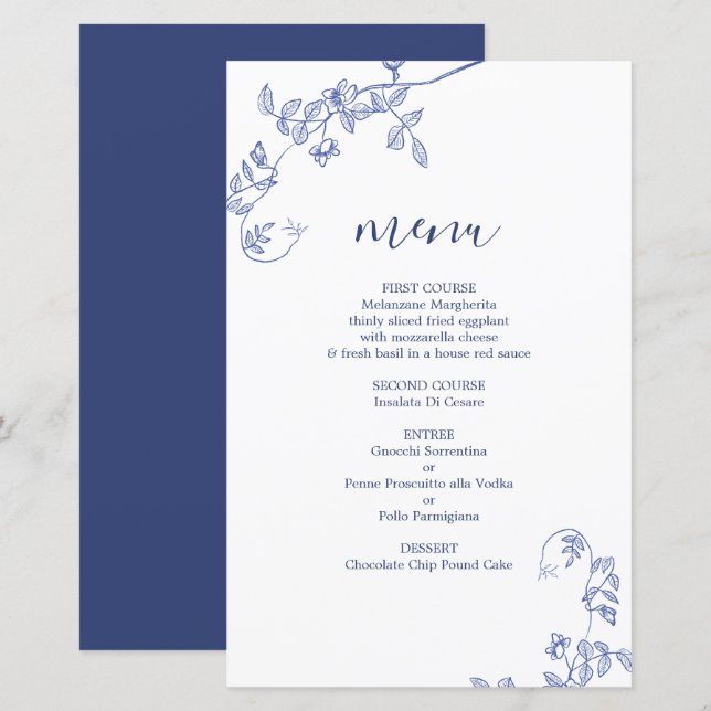 Blue Victorian floral wedding Menu Card (Front/Back)