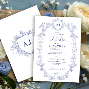Blue Victorian French classic floral wedding Invitation